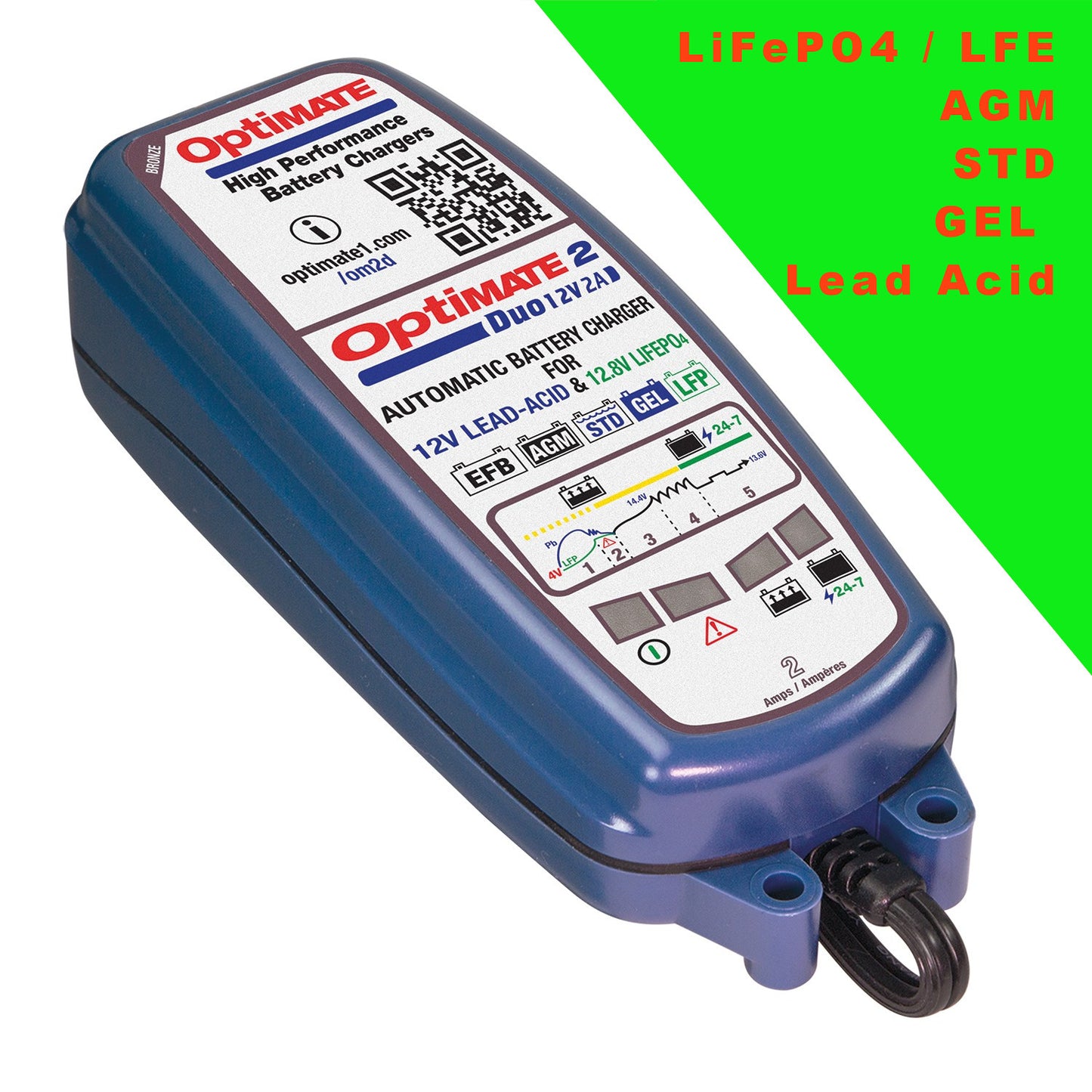 OptiMate 2 DUO Battery Charger Maintainer Lithium AND Lead Acid TM-558