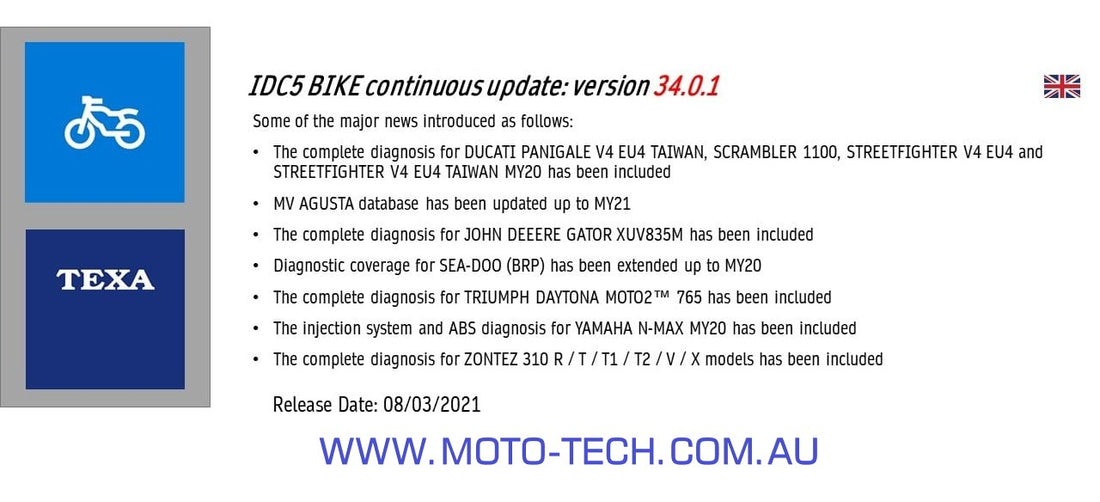 Texa IDC5 Bike V34.0.1 Update.