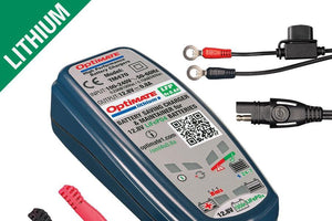 OptiMate Lithium 0.8A LiFePO4 charger by TecMate, shown connected to a battery with visible charging indicators.